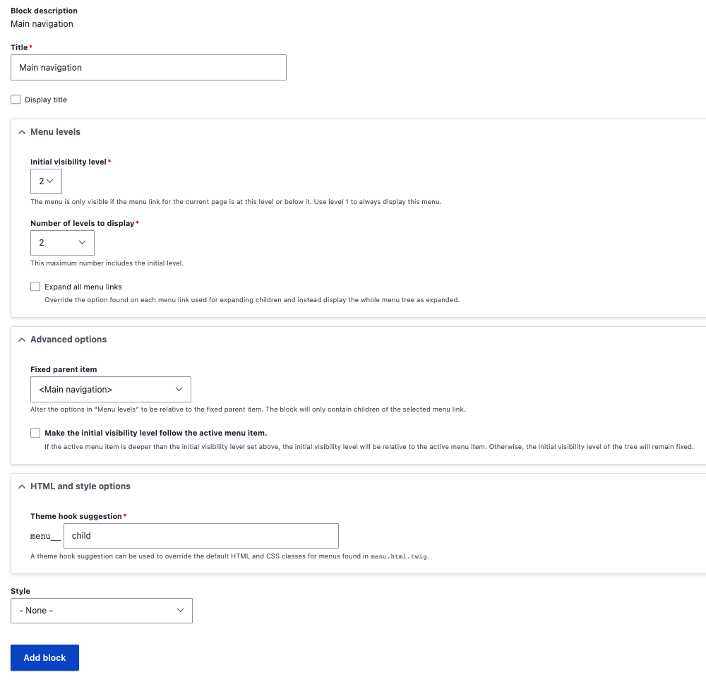 Child page block configuration screenshot