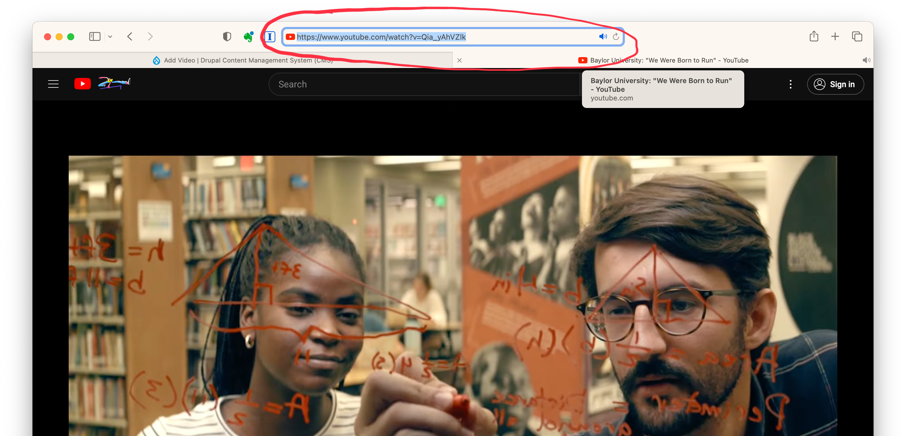 Screen capture from YouTube and Safari indicating the location of the address bar.