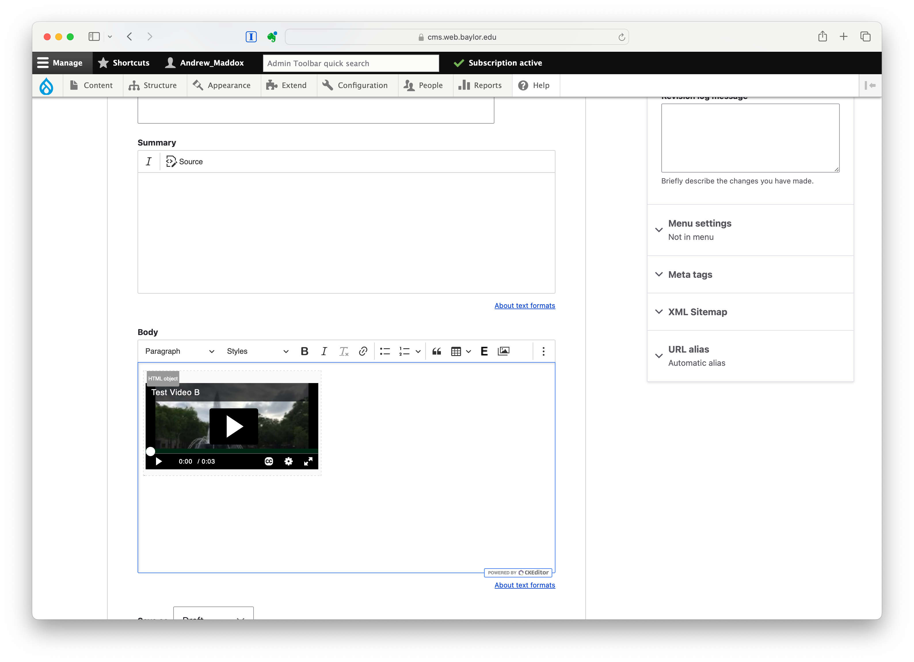 Video Embeds: Screen capture of video preview in the Body field