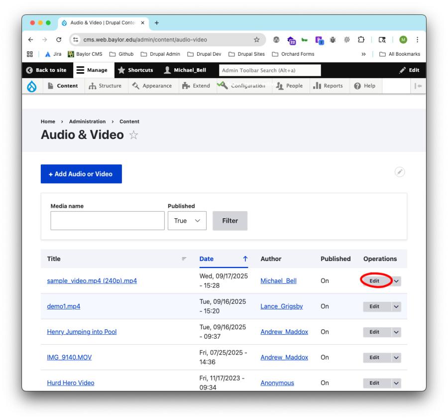 Audio and Video - Edit screen